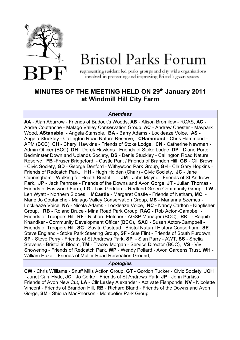 MINUTES of the MEETING HELD on 29Th January 2011 at Windmill Hill City Farm