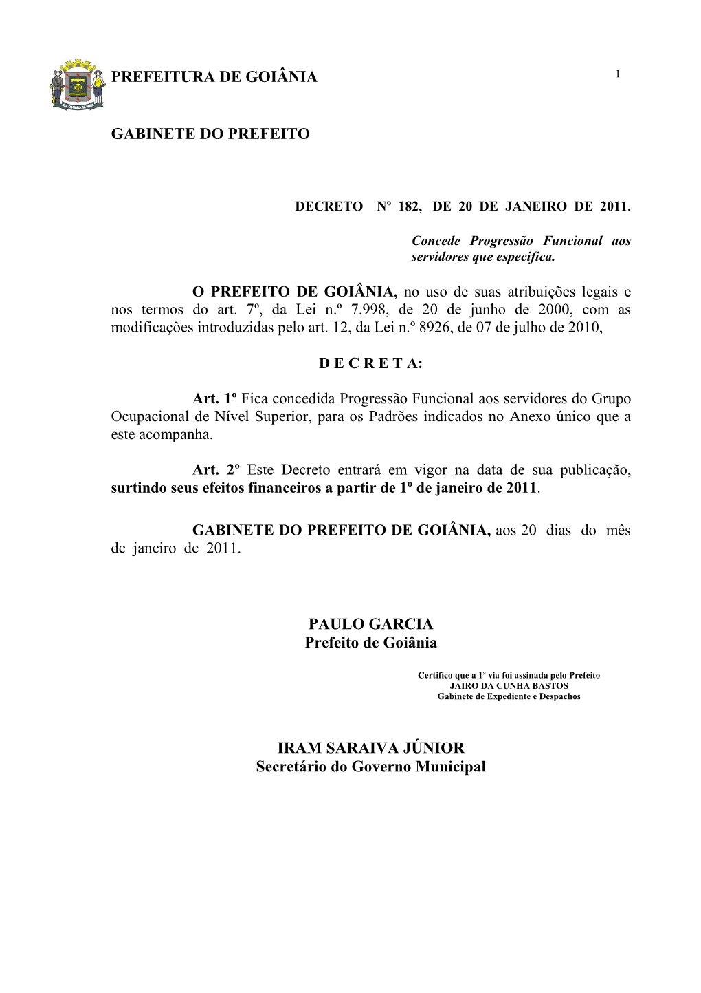 Decreto N. 182 De 20/01/2011