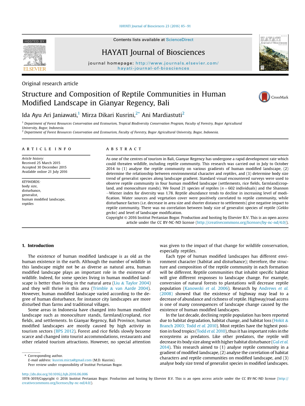 Structure and Composition of Reptile Communities in Human Modified Landscape in Gianyar Regency, Bali