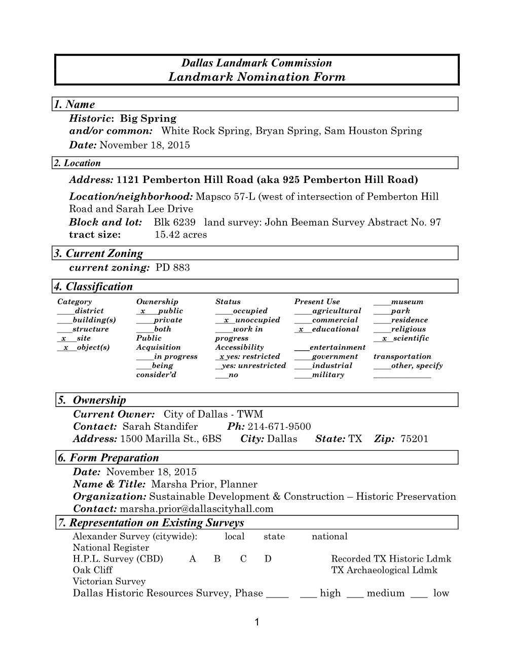 Big Spring Landma​Rk Nomination Form