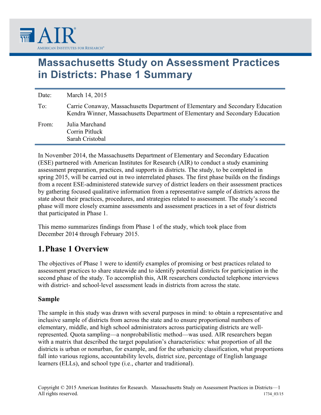 Massachusetts Study on Assessment Practices in Districts: Phase 1 Summary (March 2015)