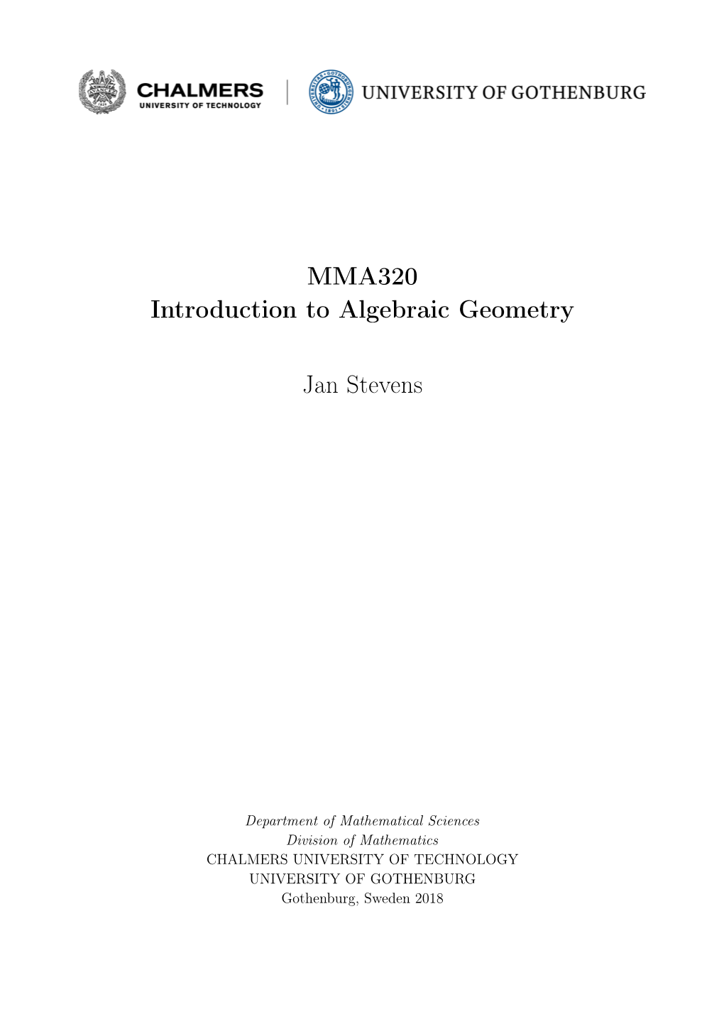 MMA320 Introduction to Algebraic Geometry Jan Stevens