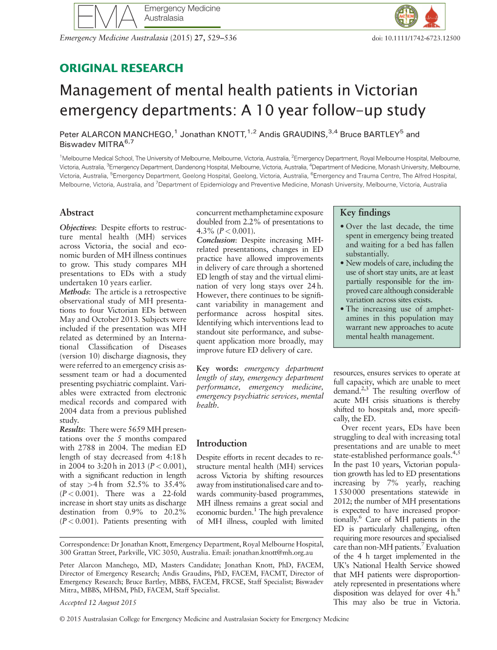 Management of Mental Health Patients in Victorian Emergency Departments: a 10 Year Follow-Up Study