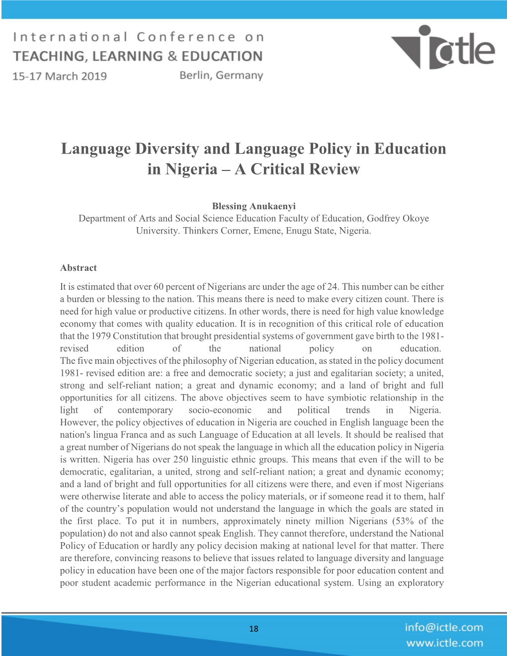 Language Diversity and Language Policy in Education in Nigeria – a Critical Review