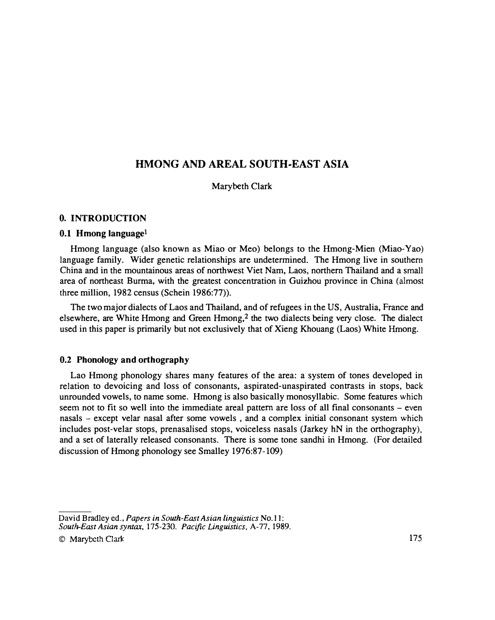 Hmong and Areal South·East Asia O. Introduction