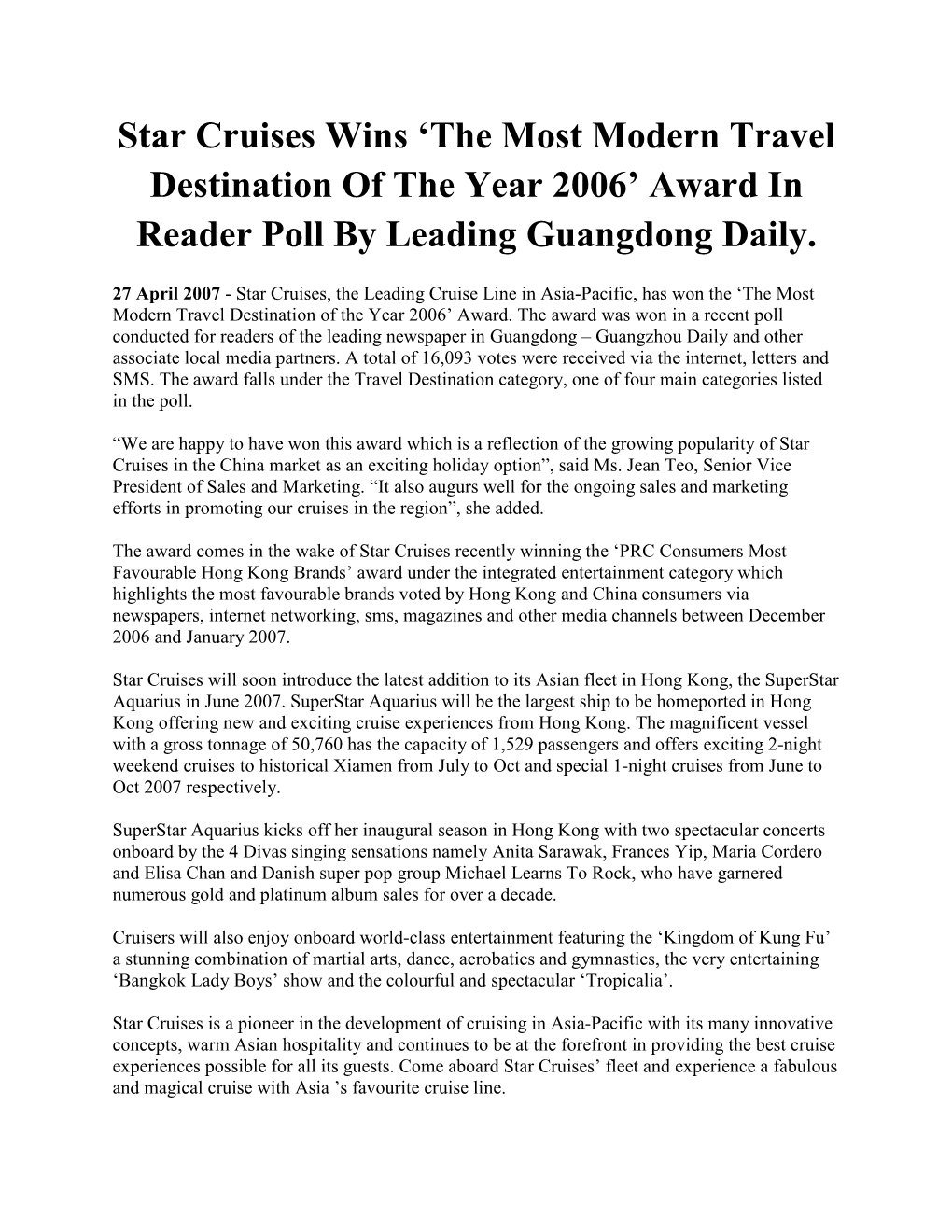 Star Cruises Wins 'The Most Modern Travel Destination of the Year 2006'