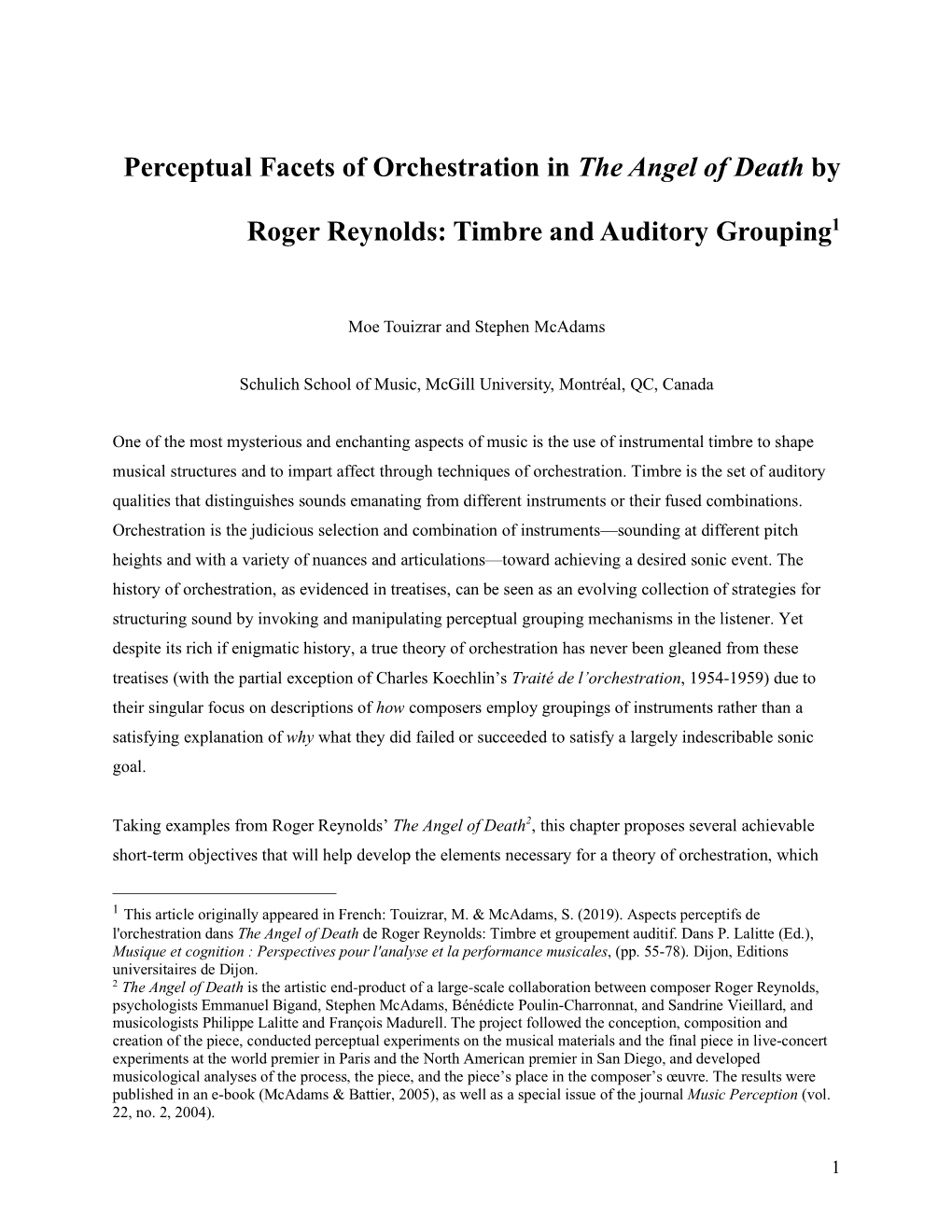 Perceptual Facets of Orchestration in the Angel of Death By