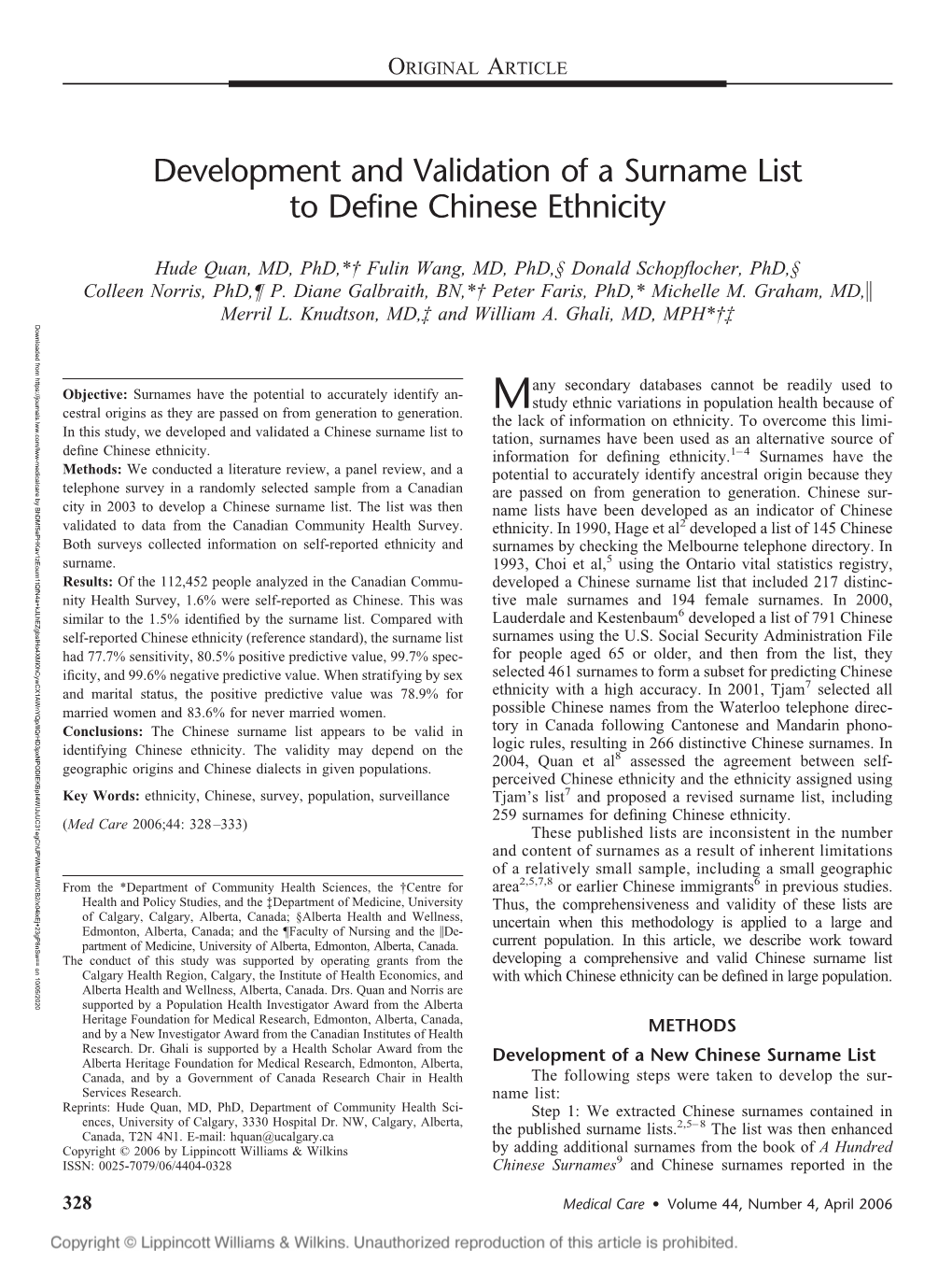 Development and Validation of a Surname List to Define Chinese