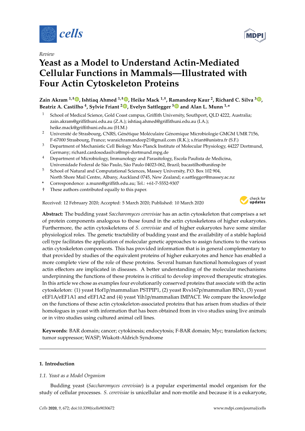 Yeast As a Model to Understand Actin-Mediated Cellular Functions in Mammals—Illustrated with Four Actin Cytoskeleton Proteins