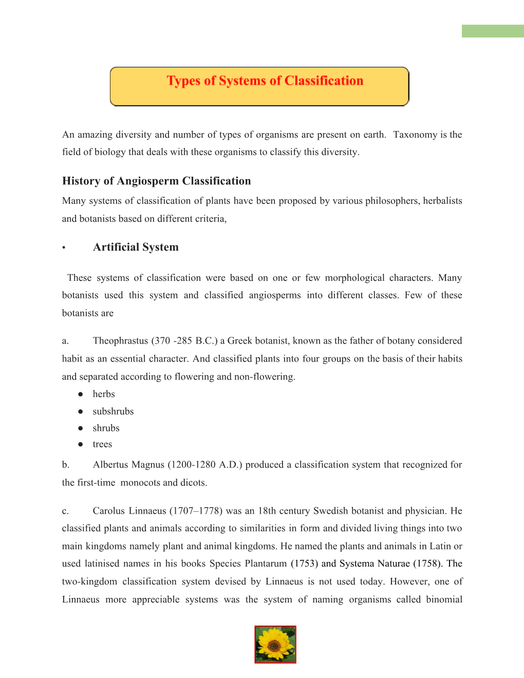 History of Angiosperm Classification Artificial System