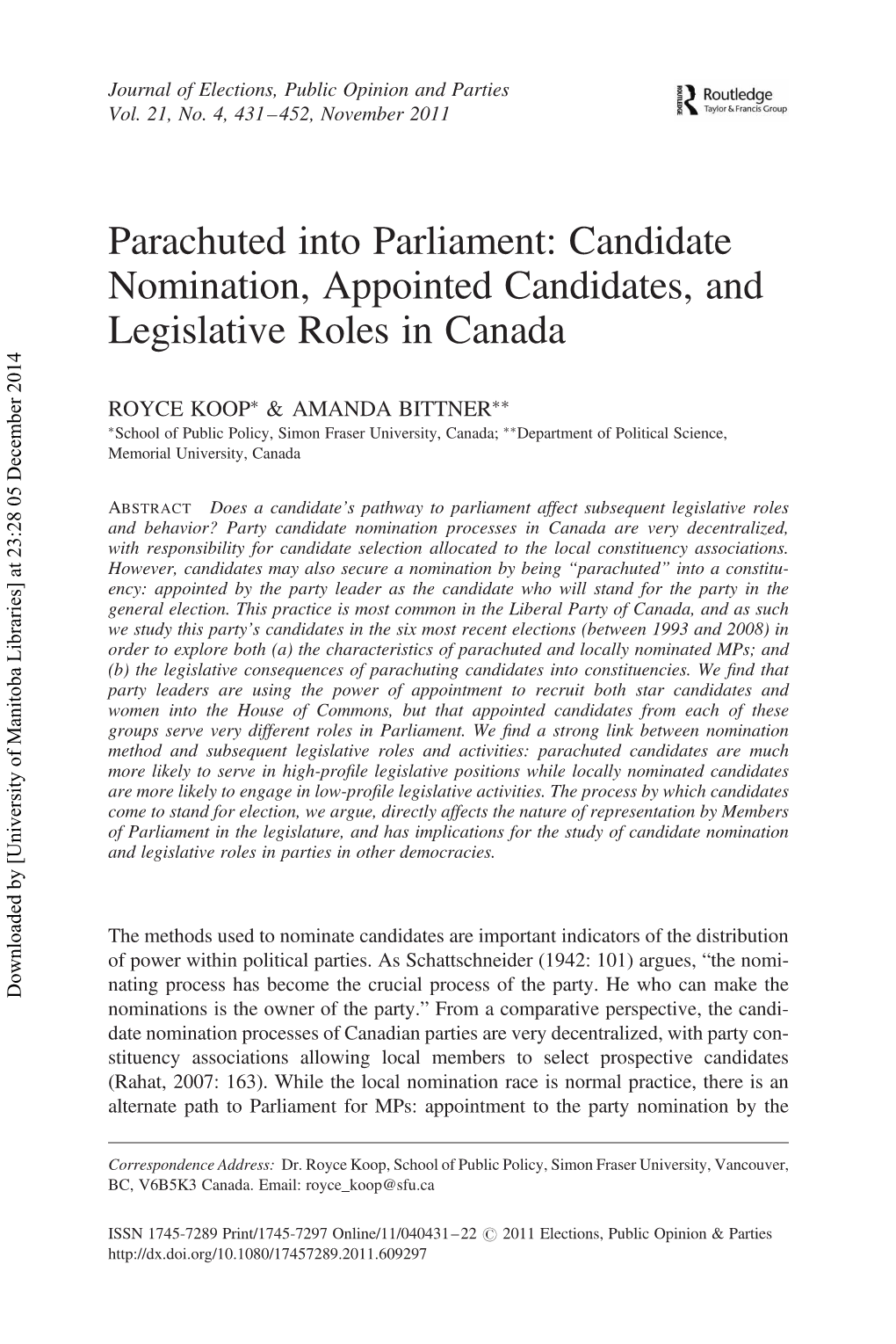 Candidate Nomination, Appointed Candidates, and Legislative Roles in Canada