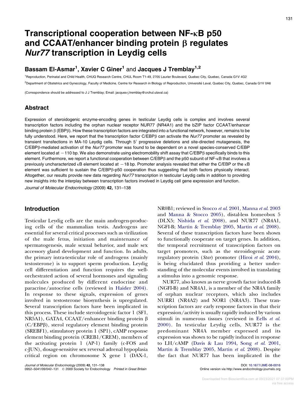 Transcriptional Cooperation Between NF-Kb P50 and CCAAT/Enhancer Binding Protein B Regulates Nur77 Transcription in Leydig Cells