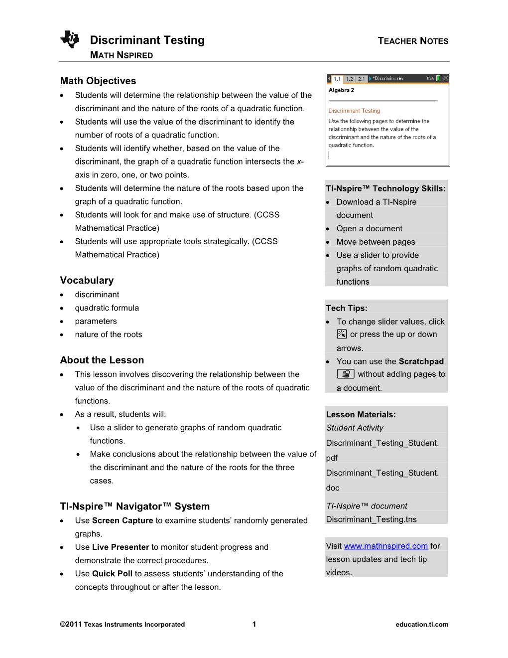 Discriminant Testing TEACHER NOTES MATH NSPIRED