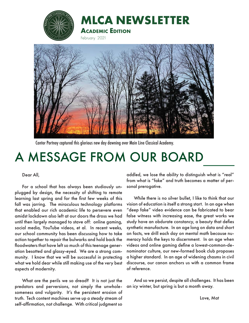 Mlca Newsletter a Message from Our Board