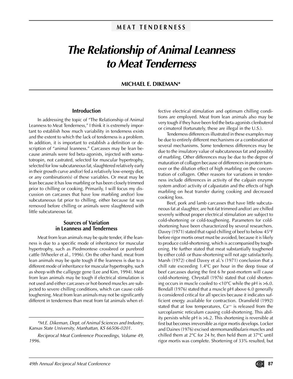 The Relationship of Animal Leanness to Meat Tenderness