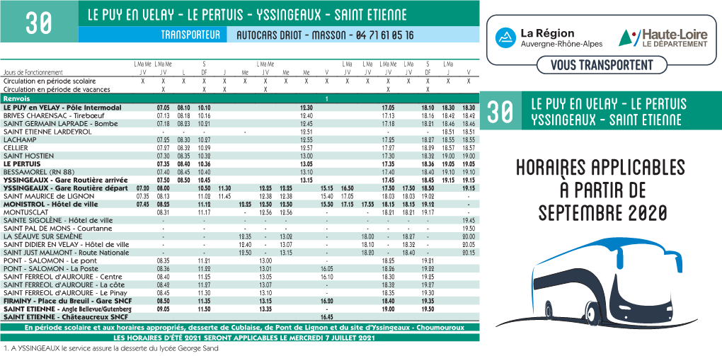 Le Puy En Velay - Le Pertuis - Yssingeaux - Saint Etienne 30 Transporteur AUTOCARS DRIOT - MASSON - 04 71 61 05 16