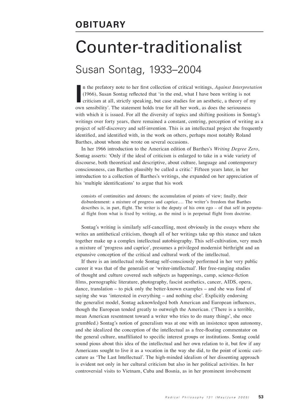 Counter-Traditionalist Susan Sontag, 1933–2004