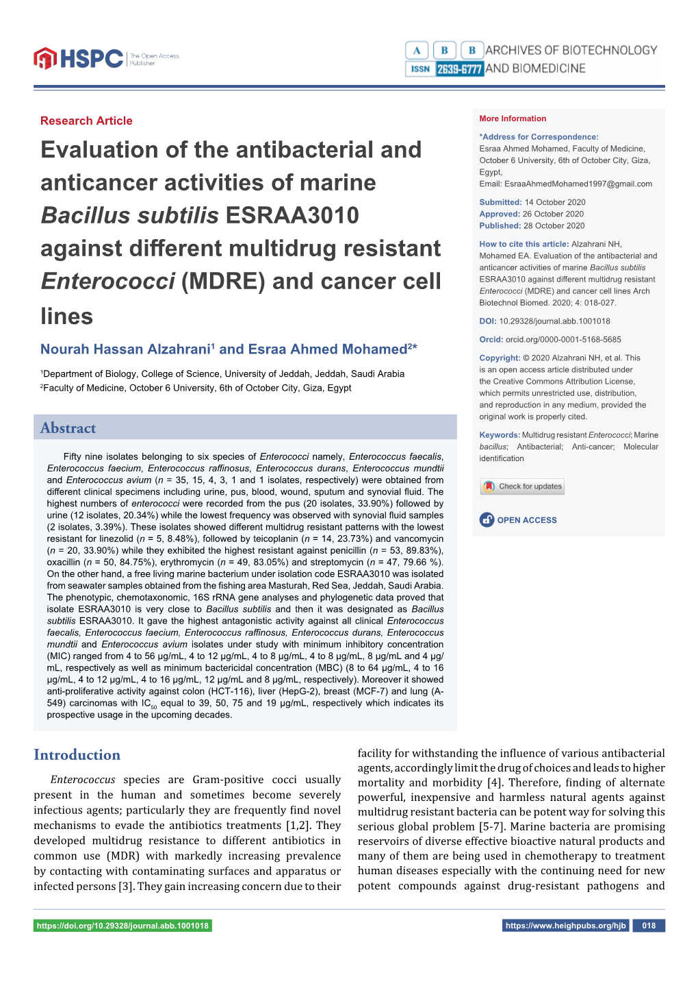 Evaluation of the Antibacterial and Anticancer Activities of Marine