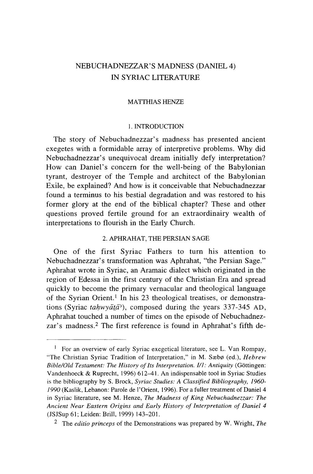 Nebuchadnezzar's Madness (Daniel 4) in Syriac Literature