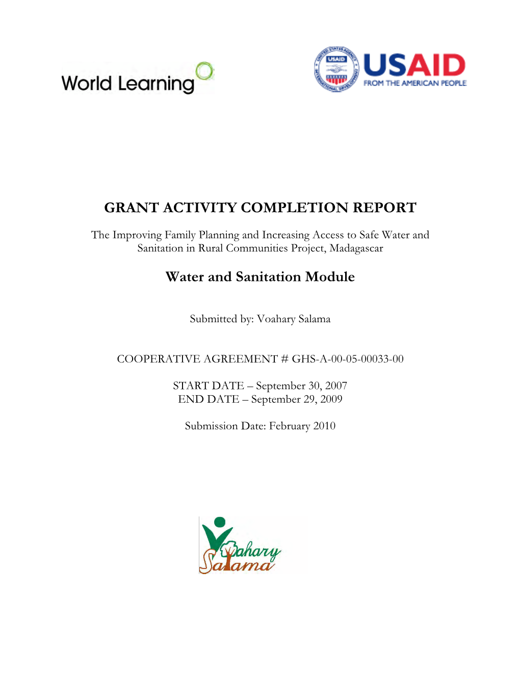GRANT ACTIVITY COMPLETION REPORT Water and Sanitation