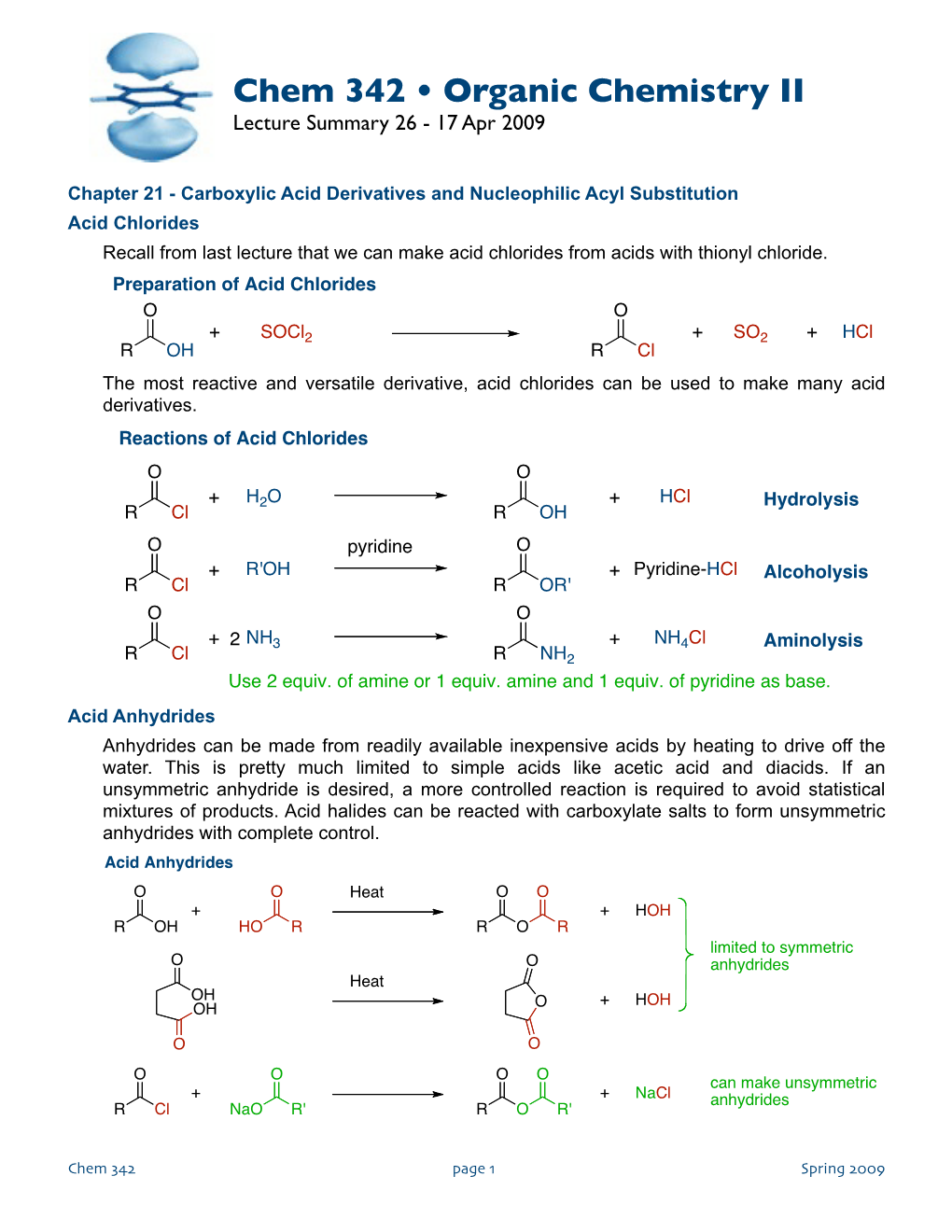 Chem 342 • Organic Chemistry II Lecture Summary 26 - 17 Apr 2009