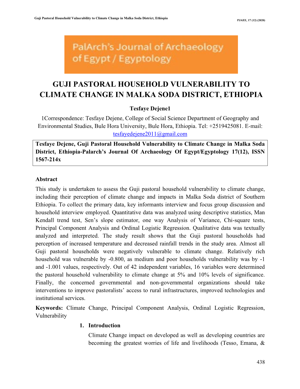 Guji Pastoral Household Vulnerability to Climate Change in Malka Soda District, Ethiopia PJAEE, 17 (12) (2020)