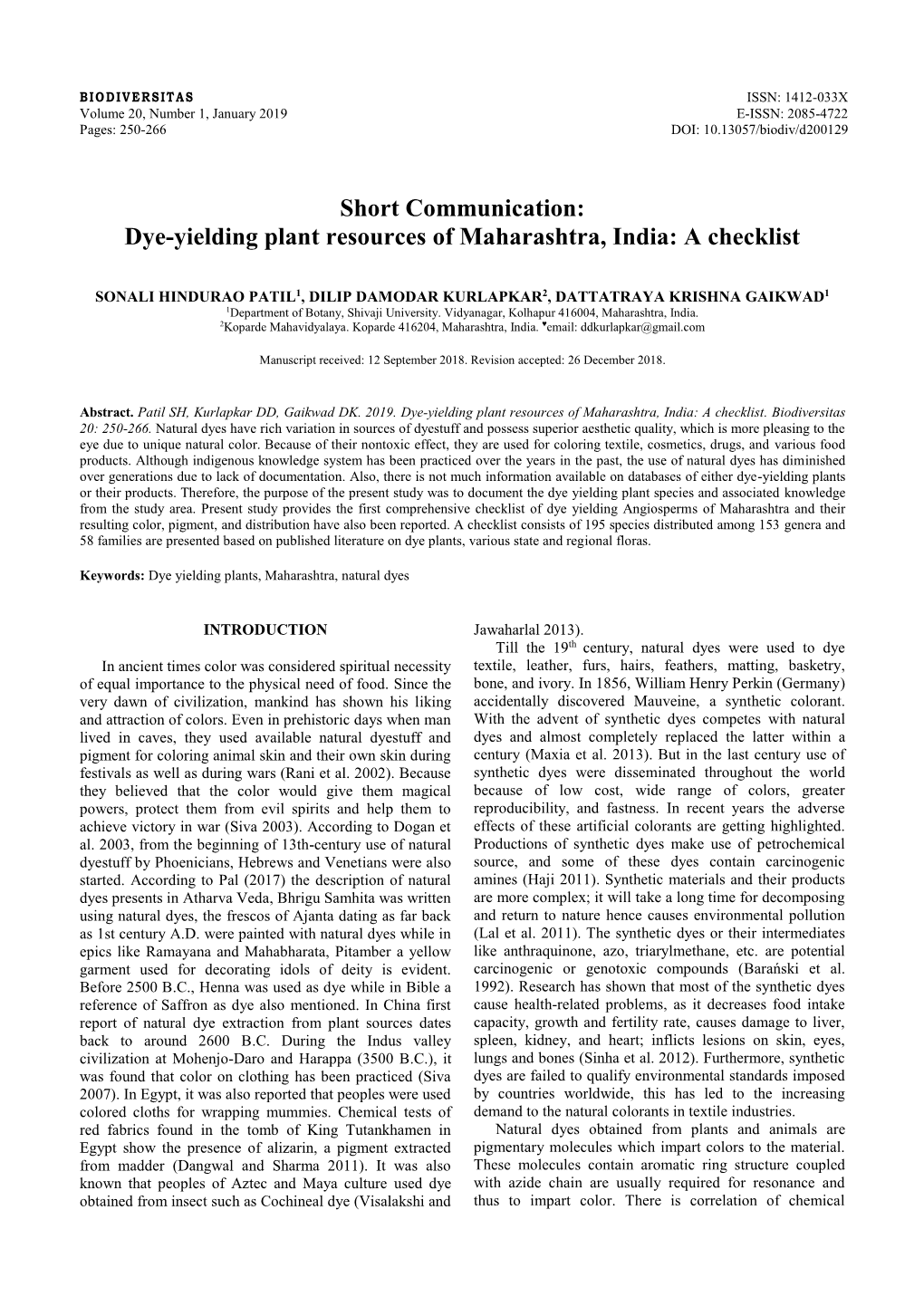 Dye-Yielding Plant Resources of Maharashtra, India: a Checklist