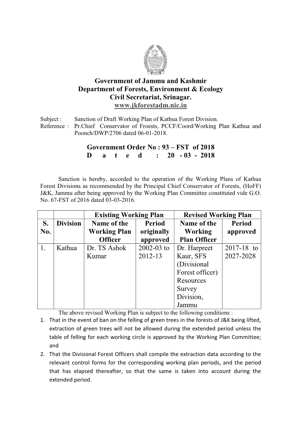 Government of Jammu and Kashmir Department of Forests, Environment & Ecology Civil Secretariat, Srinagar