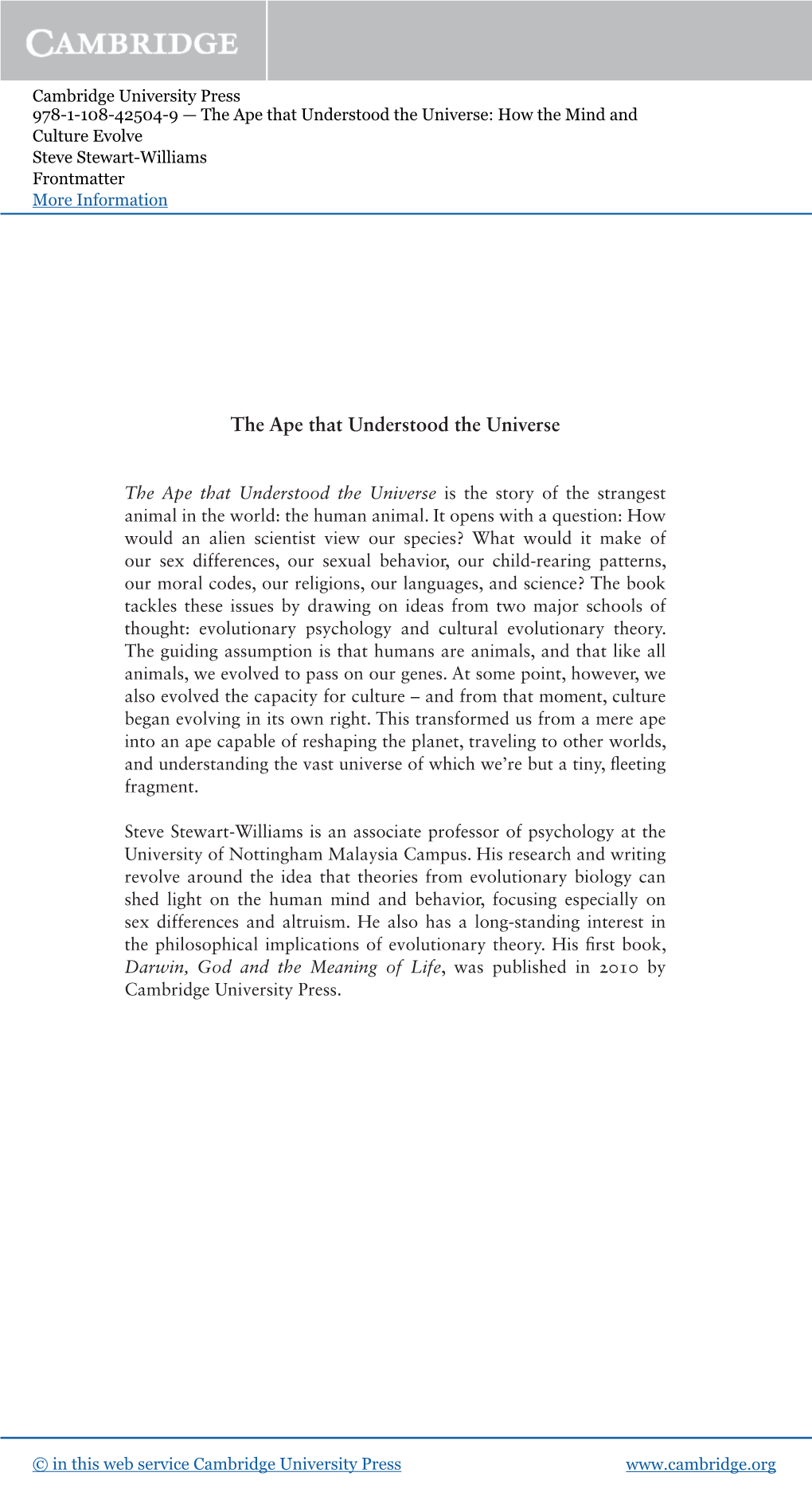 The Ape That Understood the Universe: How the Mind and Culture Evolve Steve Stewart-Williams Frontmatter More Information