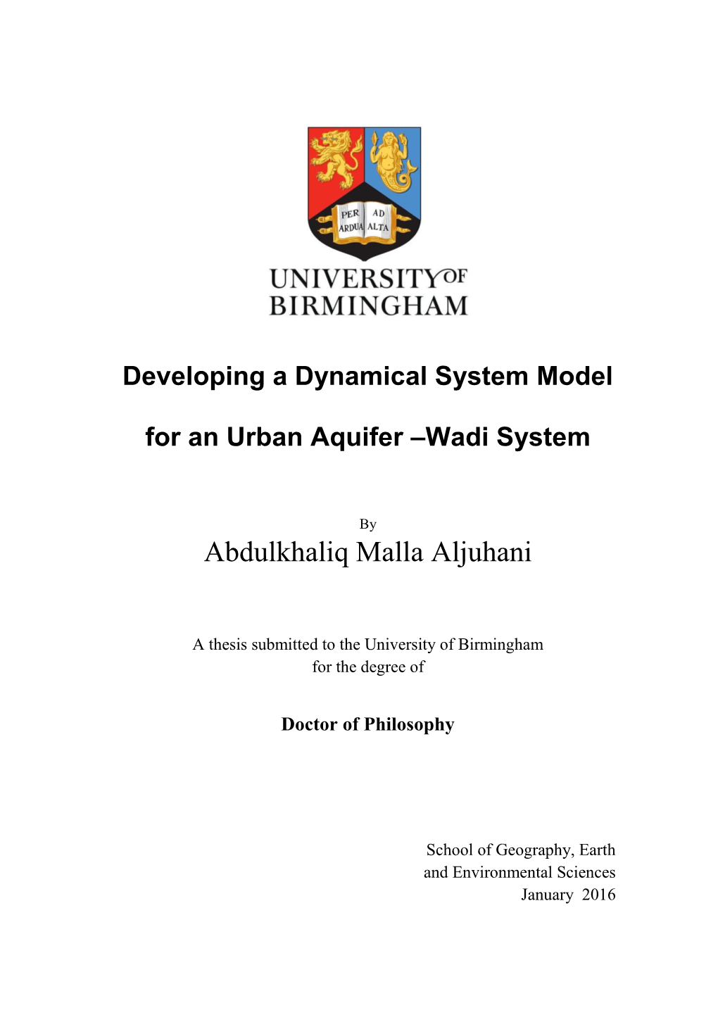 Developing a Dynamical System Model for an Urban Aquifer –Wadi