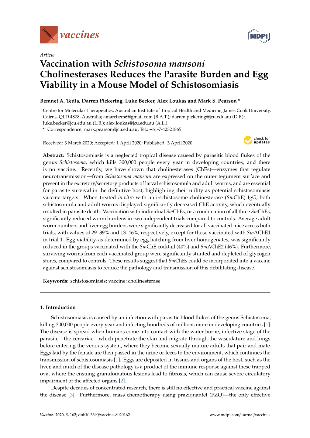 Vaccination with Schistosoma Mansoni Cholinesterases Reduces the Parasite Burden and Egg Viability in a Mouse Model of Schistosomiasis