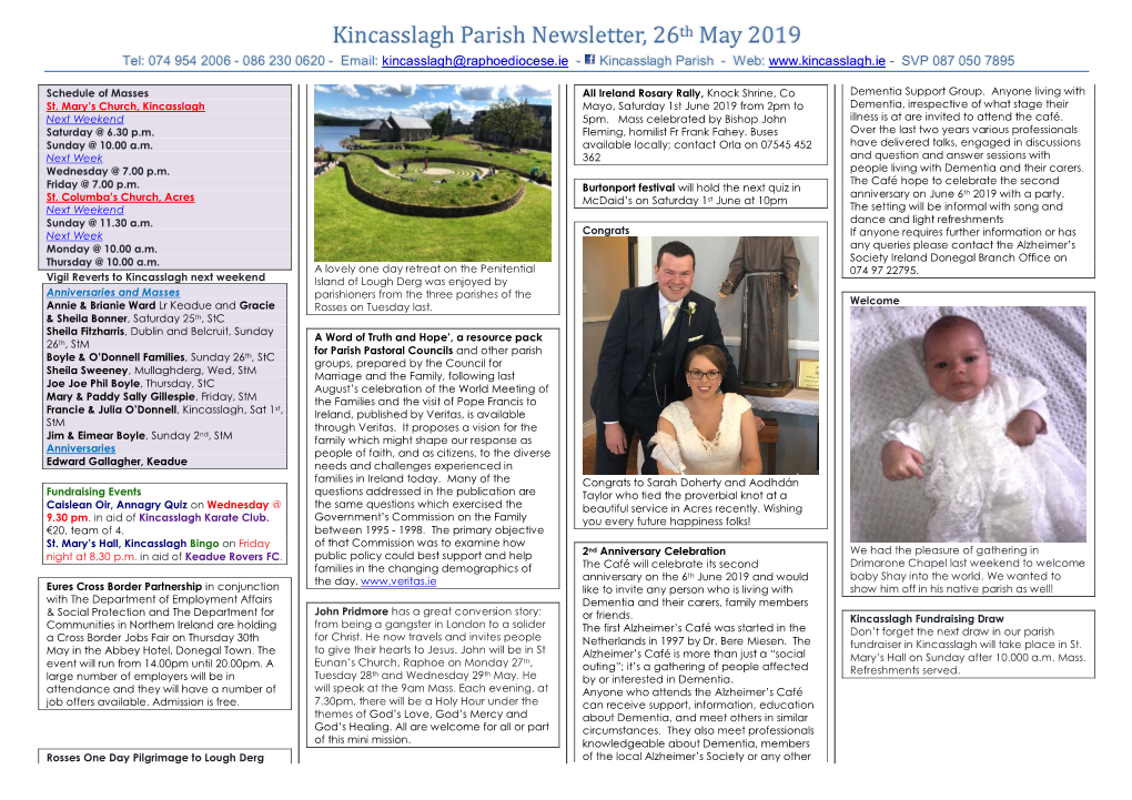 Kincasslagh Parish Newsletter, 26Th May 2019