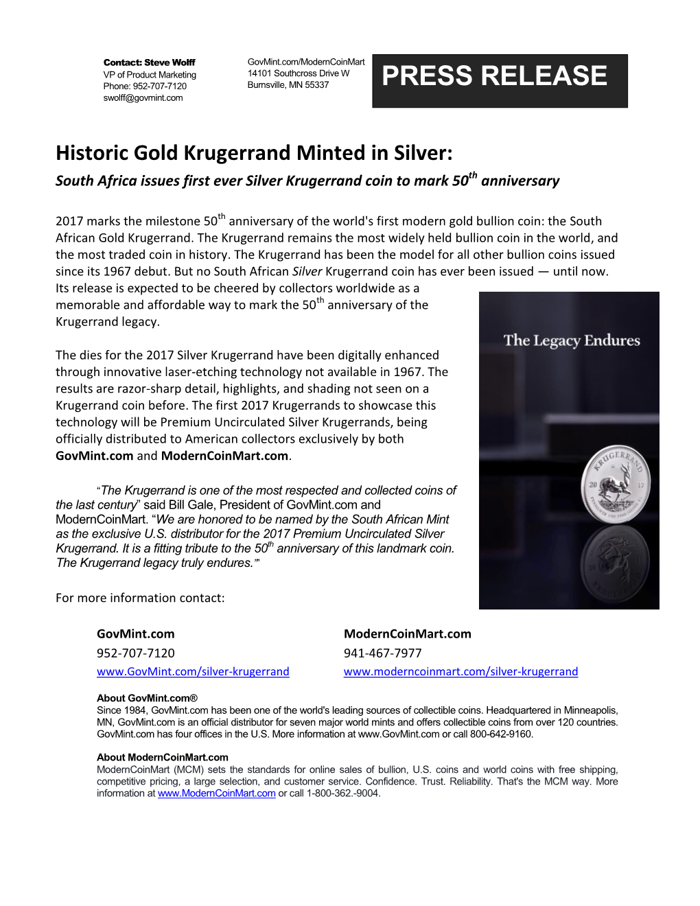 Historic Gold Krugerrand Minted in Silver: South Africa Issues First Ever Silver Krugerrand Coin to Mark 50Th Anniversary