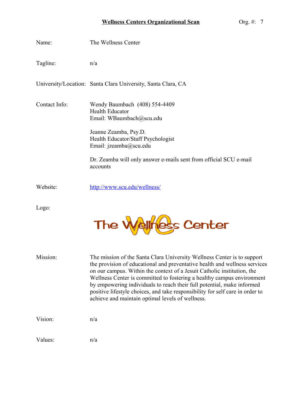 Wellness Centers Organizational Scan Org. #: 7