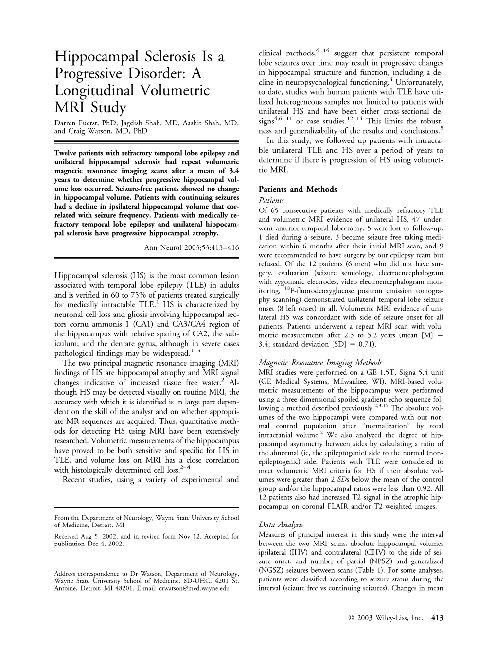 Hippocampal Sclerosis Is a Progressive Disorder: a Longitudinal