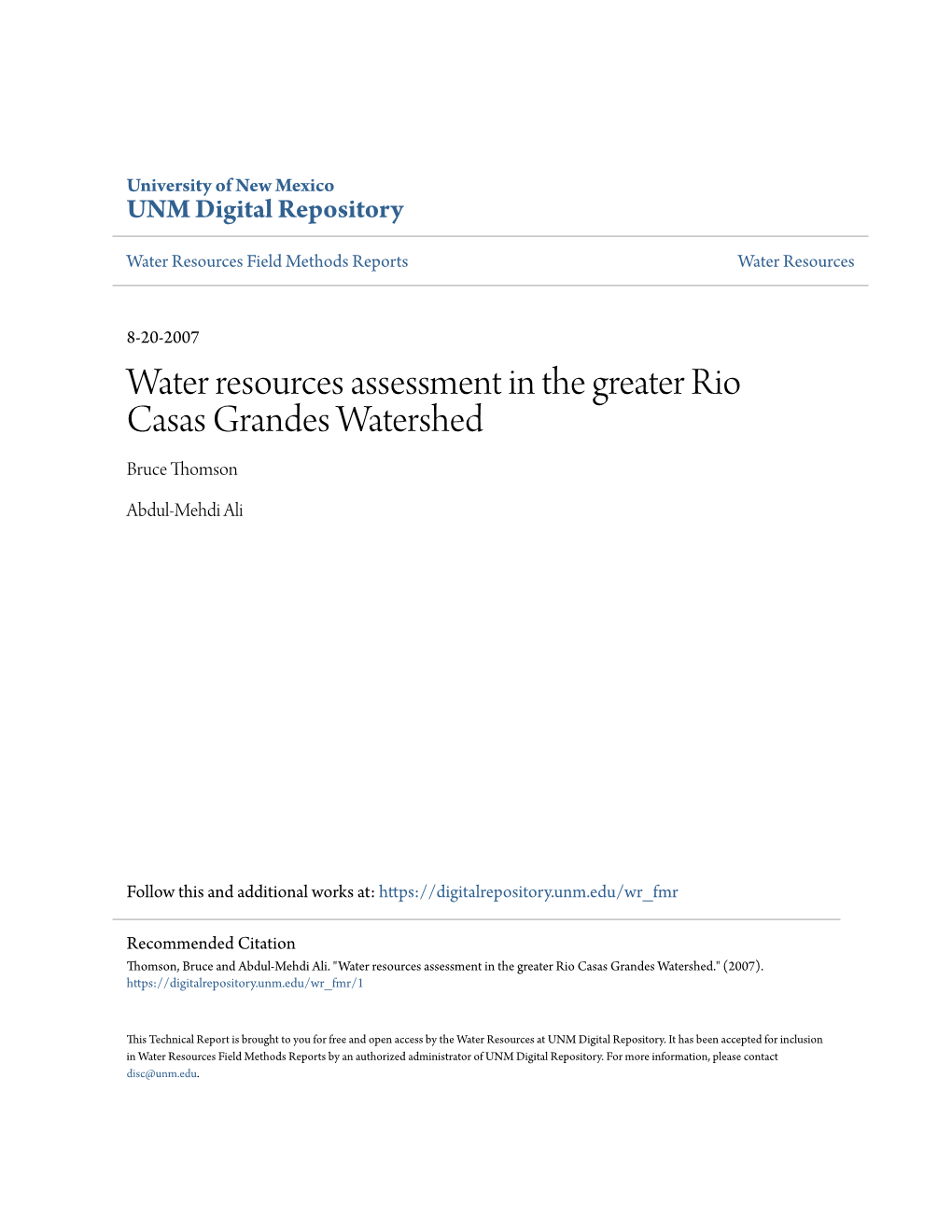Water Resources Assessment in the Greater Rio Casas Grandes Watershed Bruce Thomson