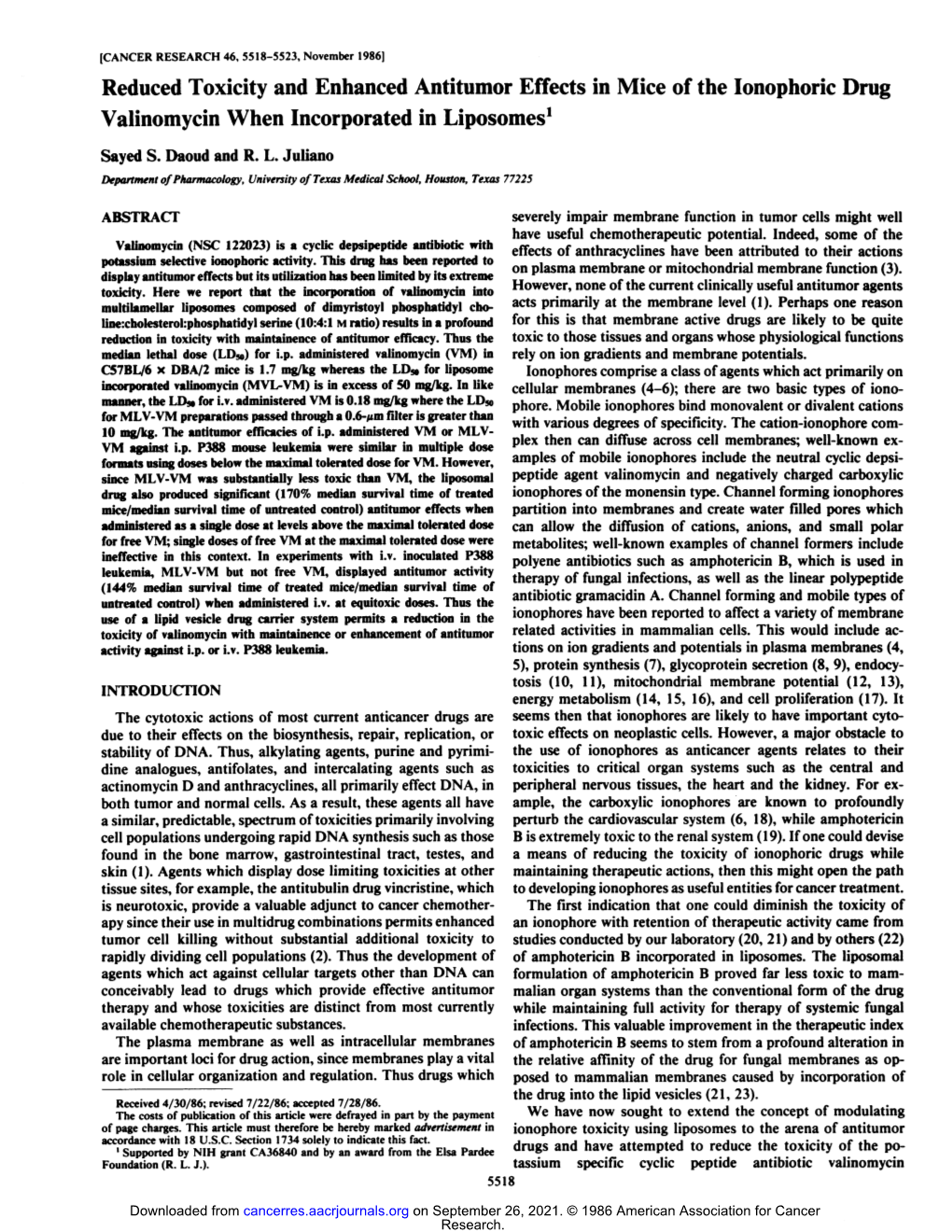 Reduced Toxicity and Enhanced Antitumor Effects in Mice of the Lonophoric Drug Valinomycin When Incorporated in Liposomes1