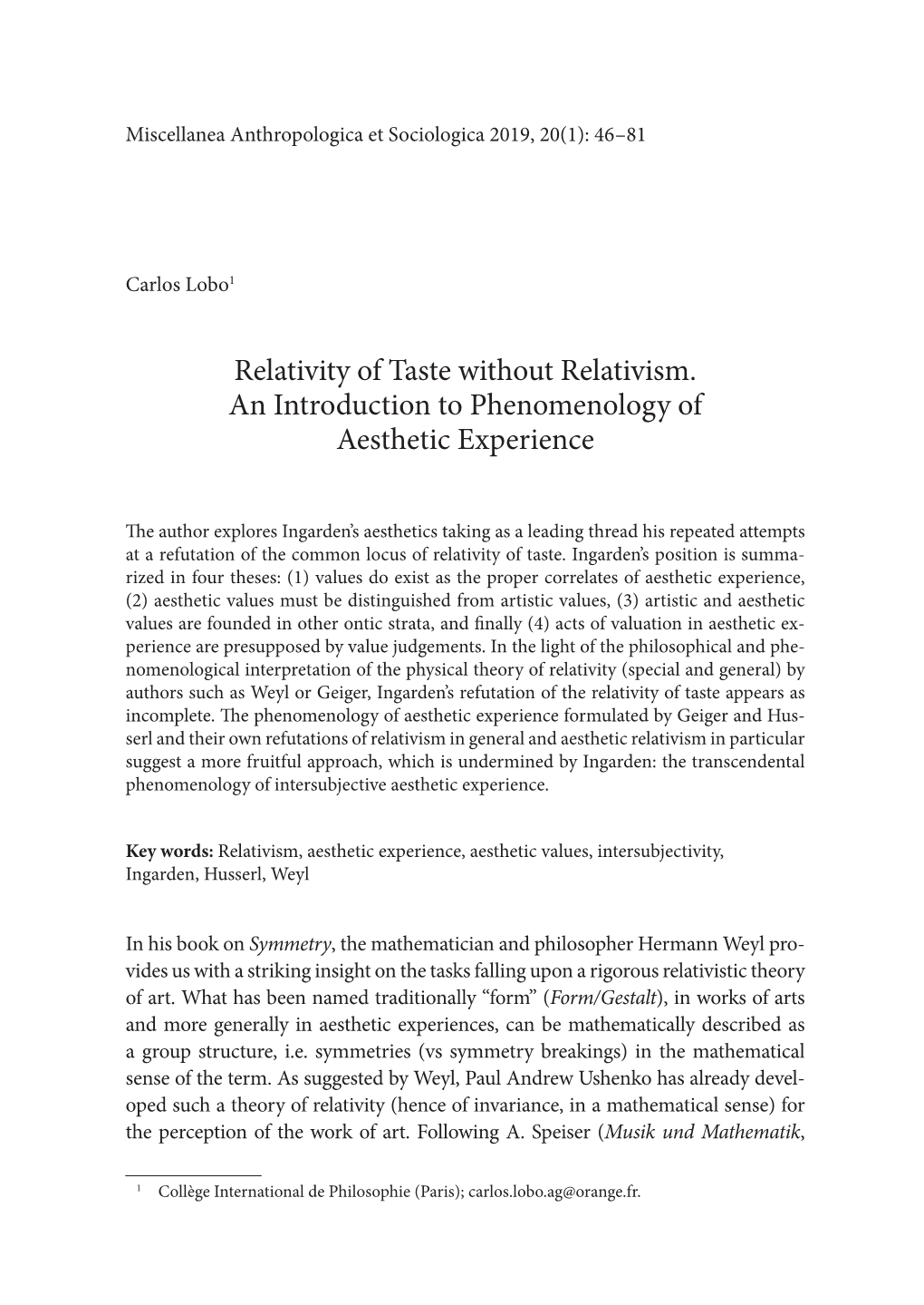 Relativity of Taste Without Relativism. an Introduction to Phenomenology of Aesthetic Experience