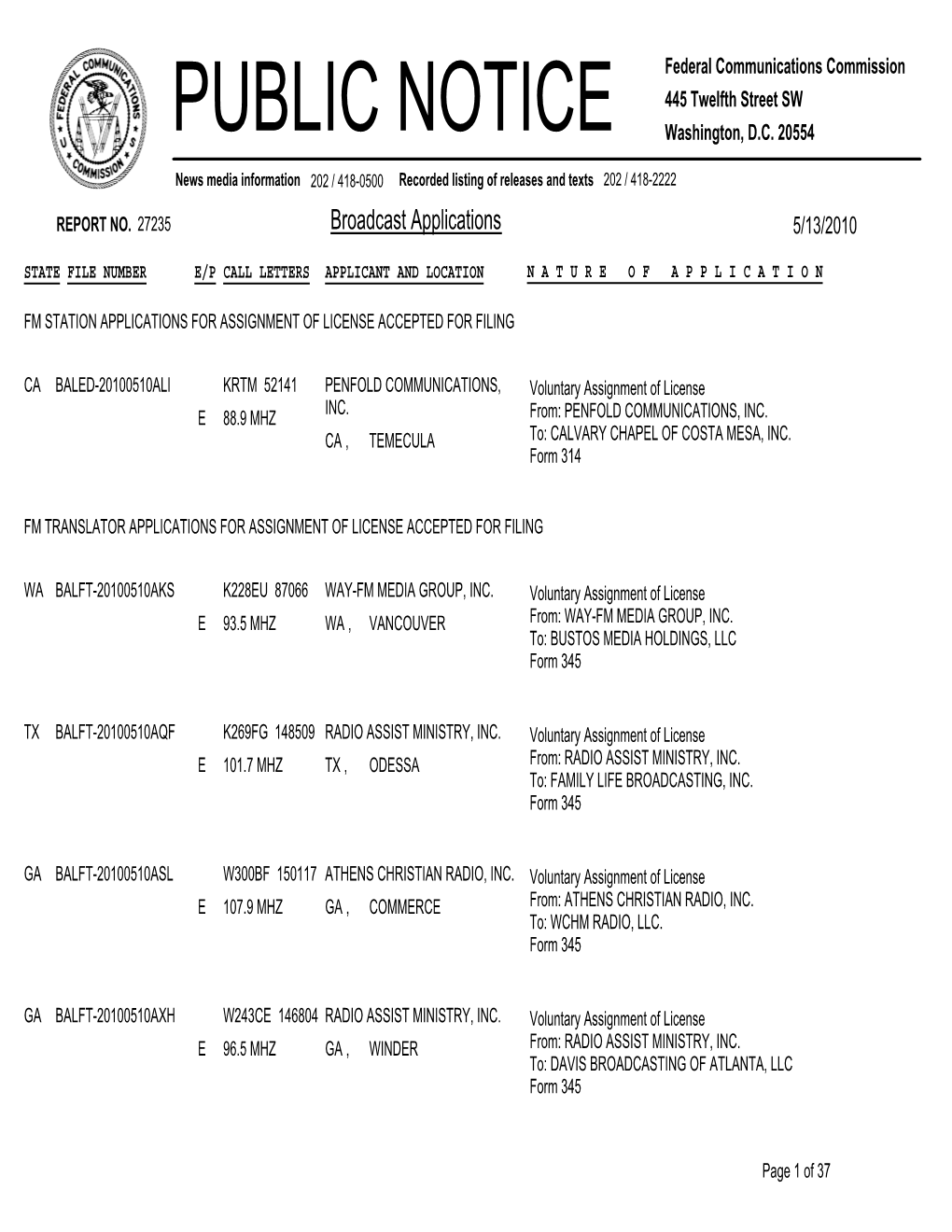 Broadcast Applications 5/13/2010