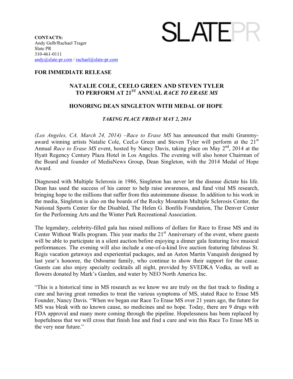 For Immediate Release Natalie Cole, Ceelo Green And