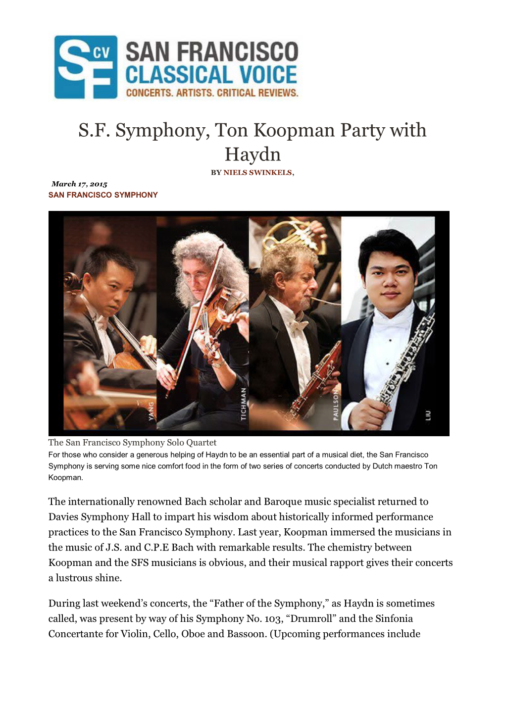 S.F. Symphony, Ton Koopman Party with Haydn by NIELS SWINKELS, March 17, 2015 SAN FRANCISCO SYMPHONY
