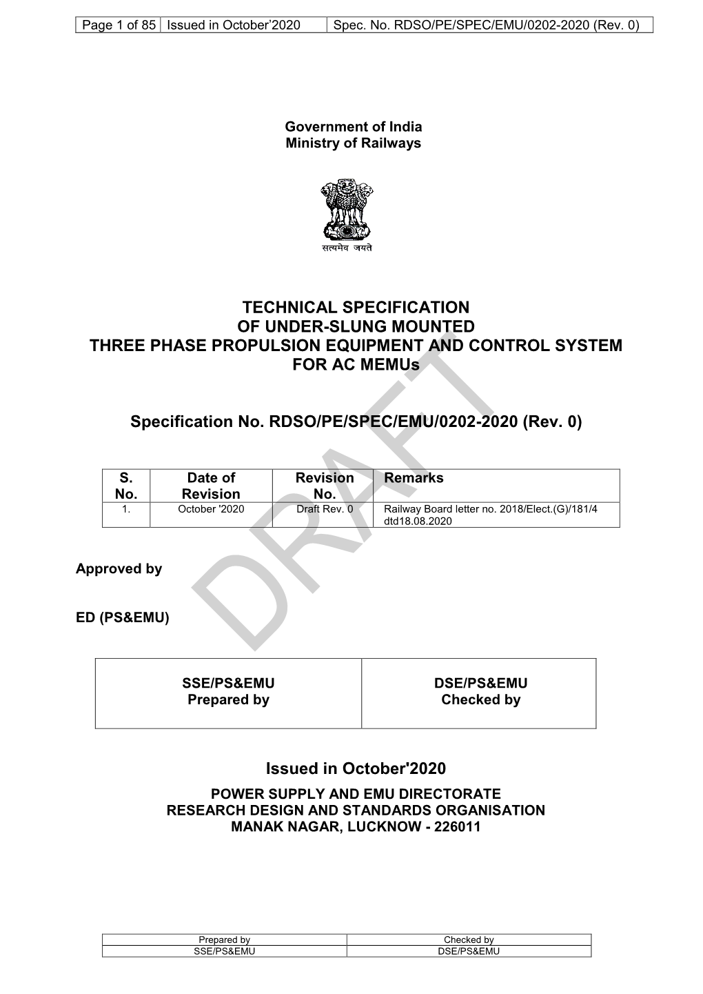 TECHNICAL SPECIFICATION of UNDER-SLUNG MOUNTED THREE PHASE PROPULSION EQUIPMENT and CONTROL SYSTEM for AC Memus