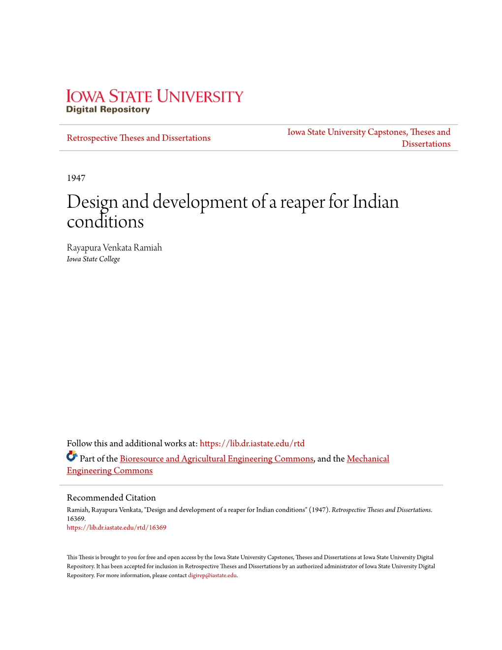 Design and Development of a Reaper for Indian Conditions Rayapura Venkata Ramiah Iowa State College