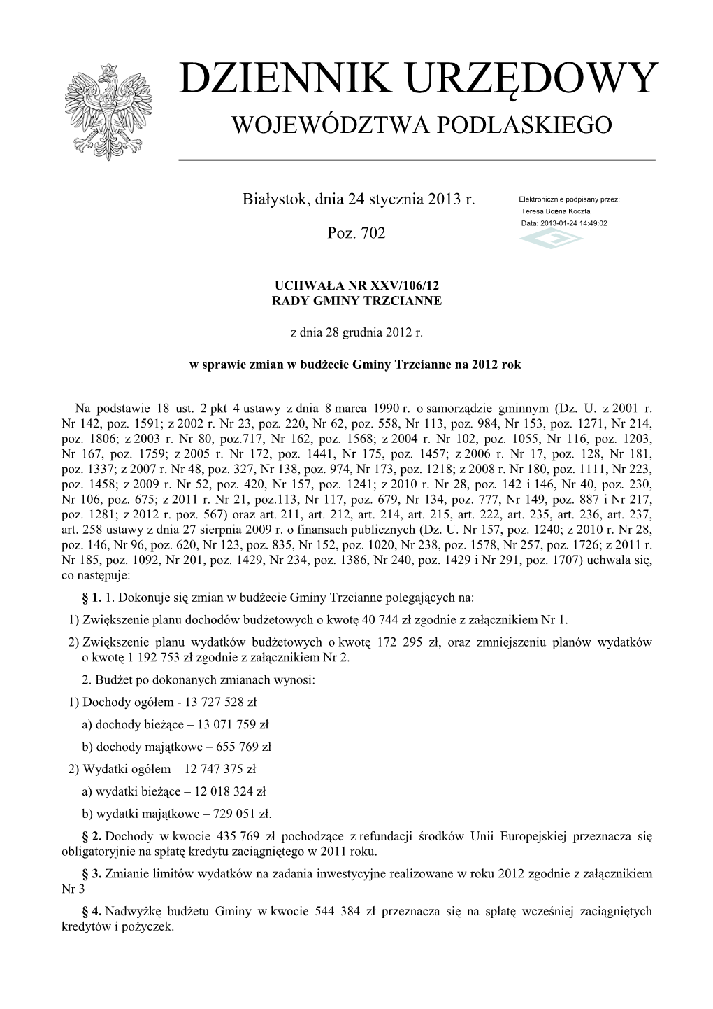 Uchwała Nr XXV/106/12 Z Dnia 28 Grudnia 2012 R