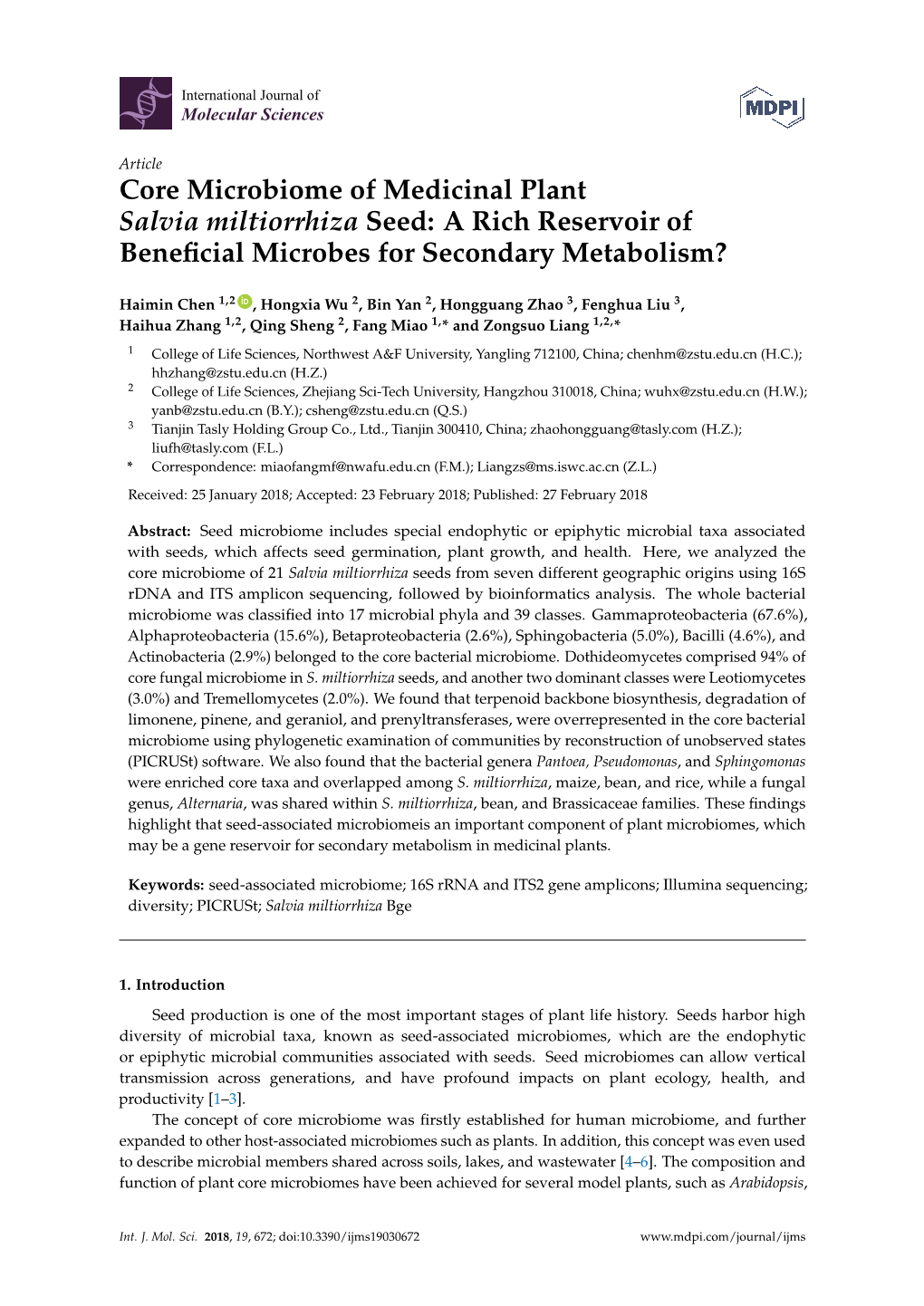 Core Microbiome of Medicinal Plant Salvia Miltiorrhiza Seed: a Rich Reservoir of Beneﬁcial Microbes for Secondary Metabolism?