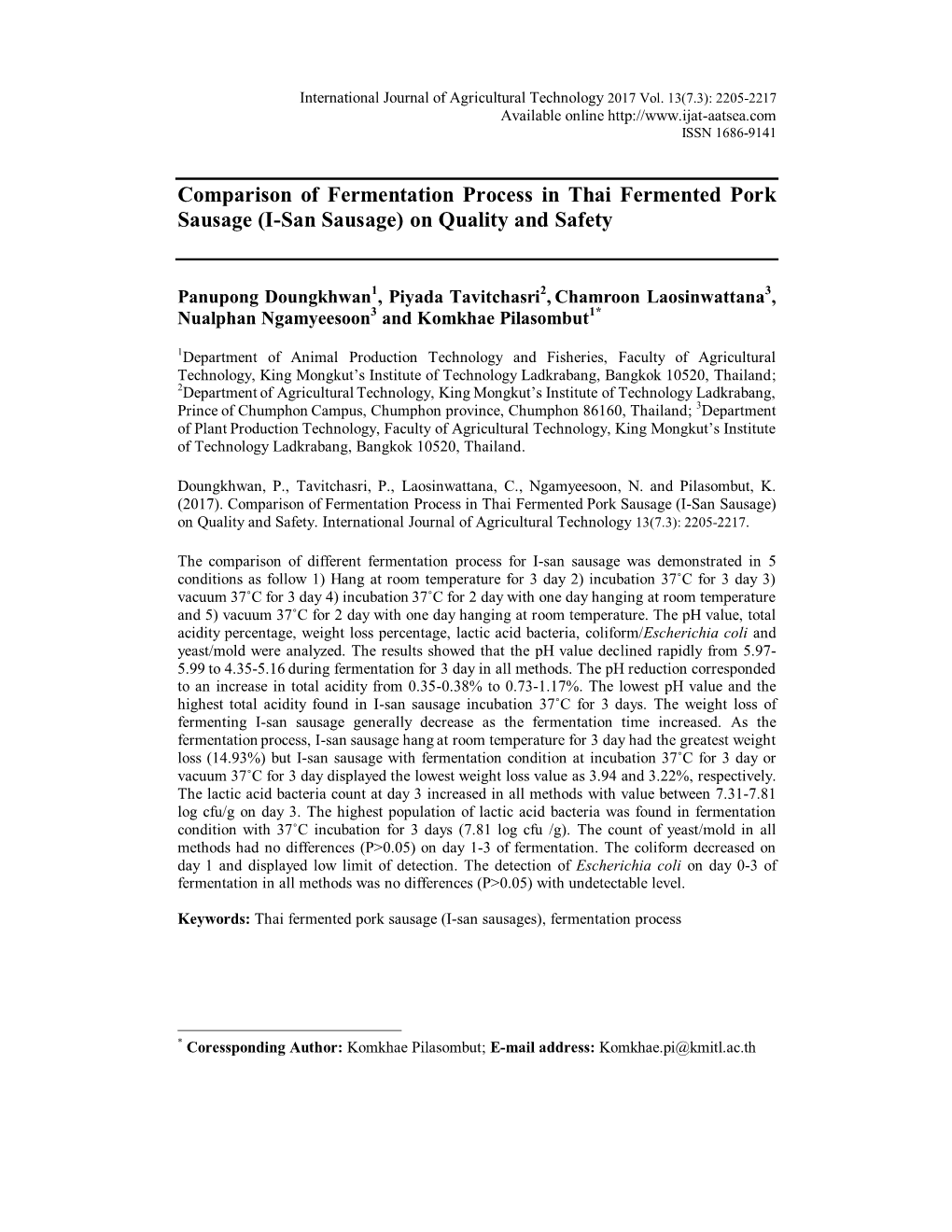 Comparison of Fermentation Process in Thai Fermented Pork Sausage (I-San Sausage) on Quality and Safety