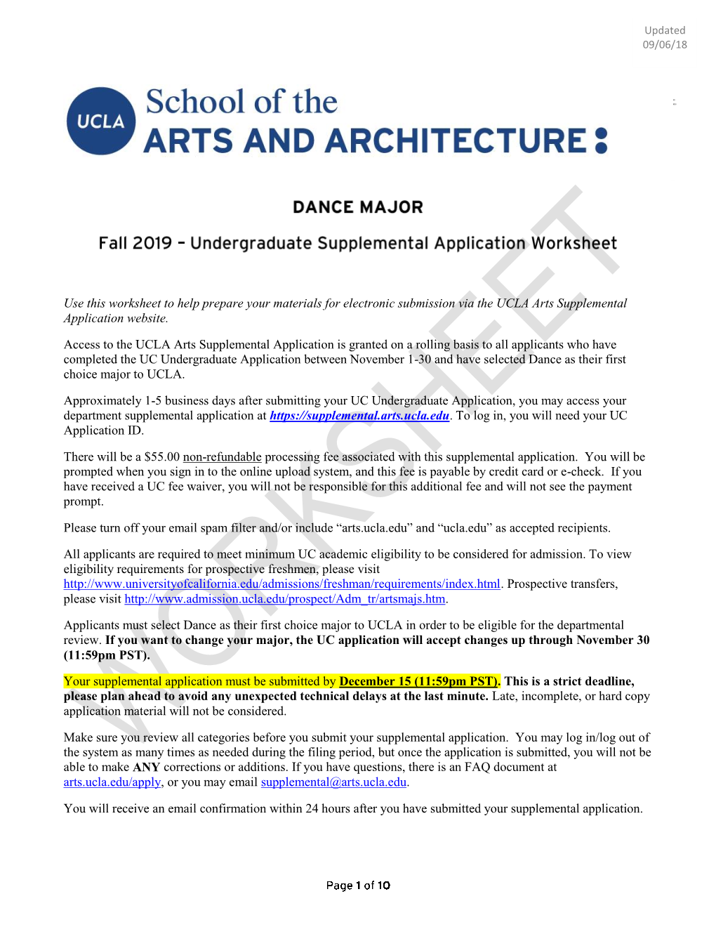 Use This Worksheet to Help Prepare Your Materials for Electronic Submission Via the UCLA Arts Supplemental Application Website