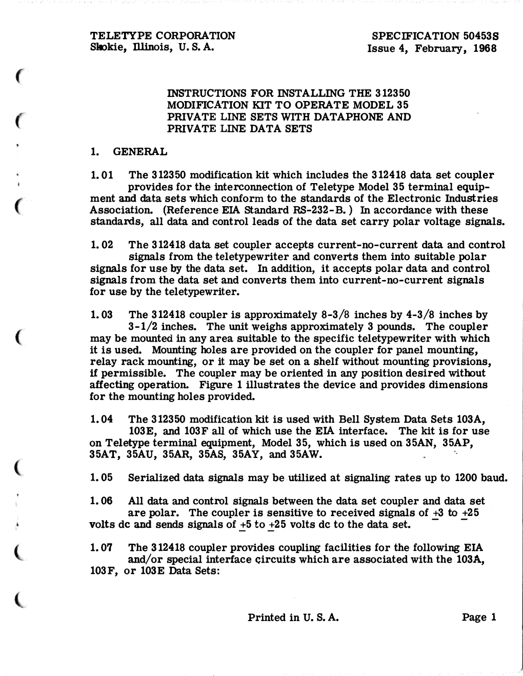 TELETYPE CORPORATION Skokie, Dlinois, U. S. A. SPECIFICATION