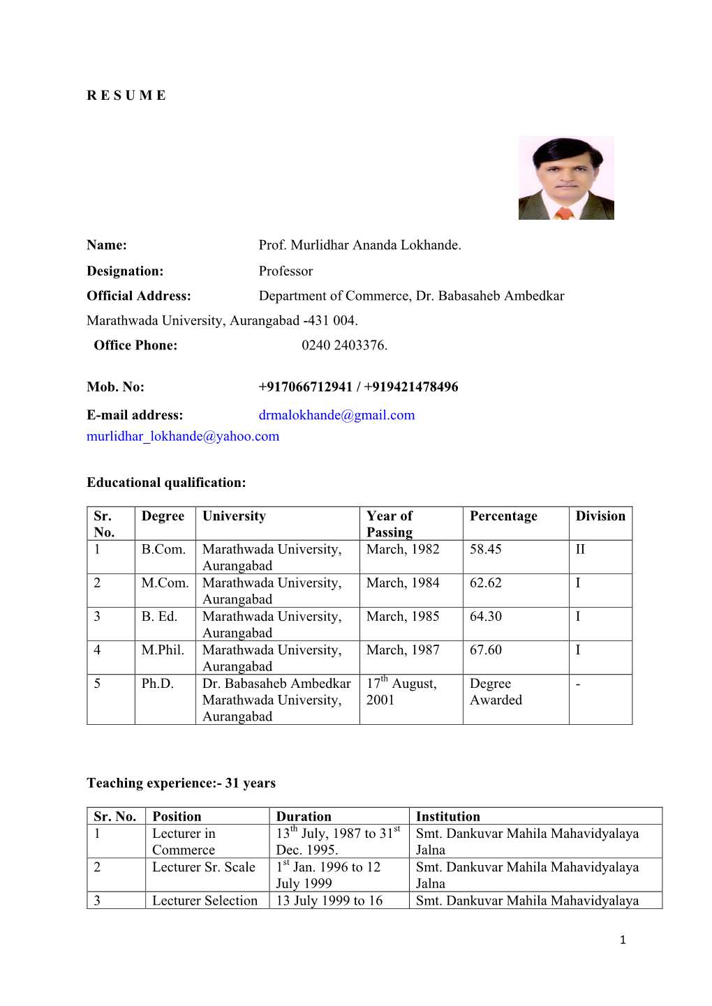 RESUME Name: Prof. Murlidhar Ananda Lokhande. Designation