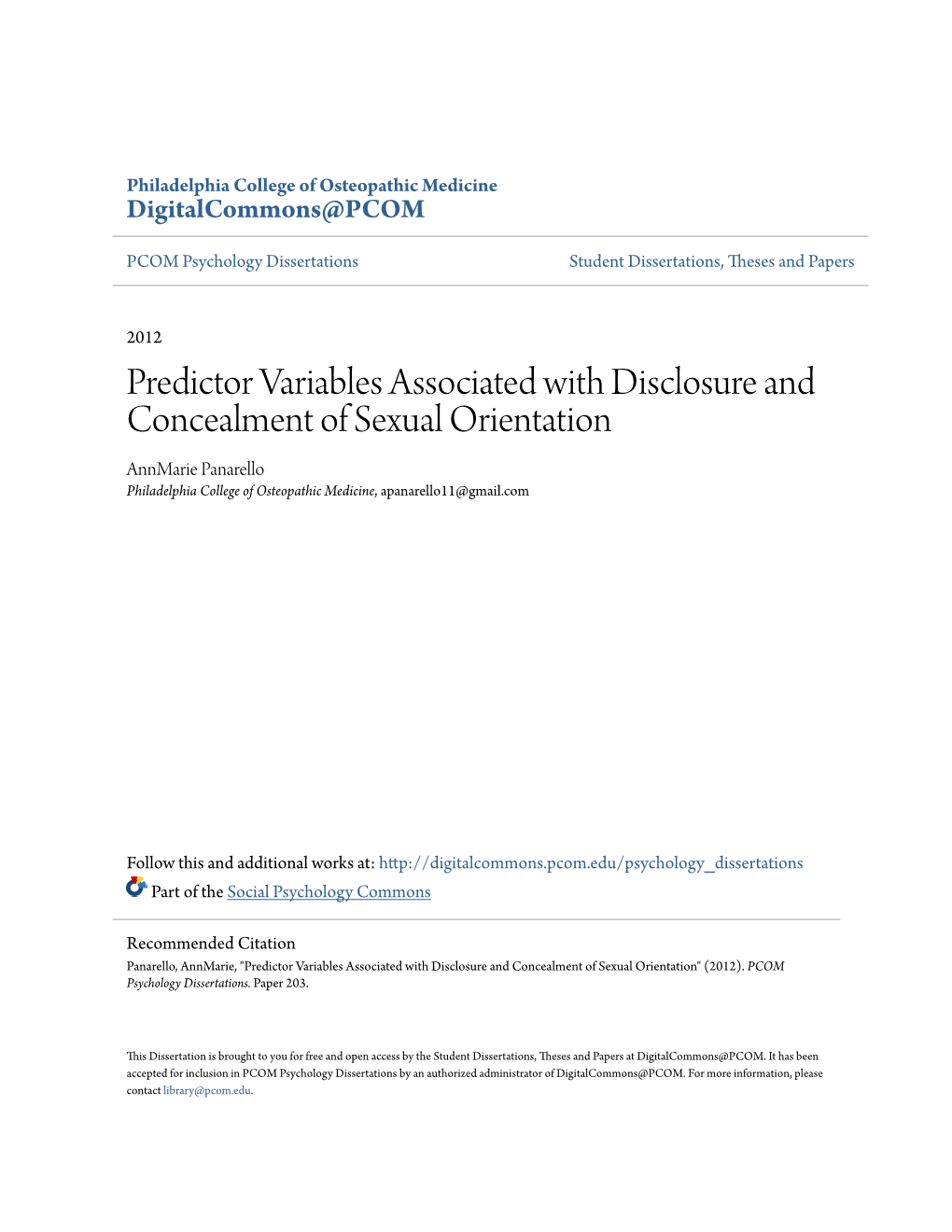 Predictor Variables Associated with Disclosure and Concealment Of